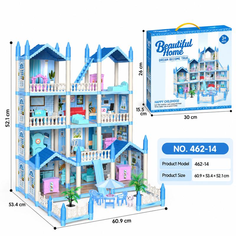Dollhouse with Lights by CUTE STONE, 14 or 16 Room Princess Playhouse with Furniture and Accessories, Pink or Blue Pretend Play Gift for Kids Ages 3+
