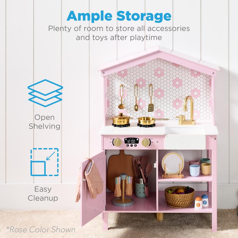 Farmhouse Play Kitchen by Best Choice Products, Wooden Pretend Cooking Set with Chalkboard, Storage Shelves and 5 Accessories for Kids Ages 3+