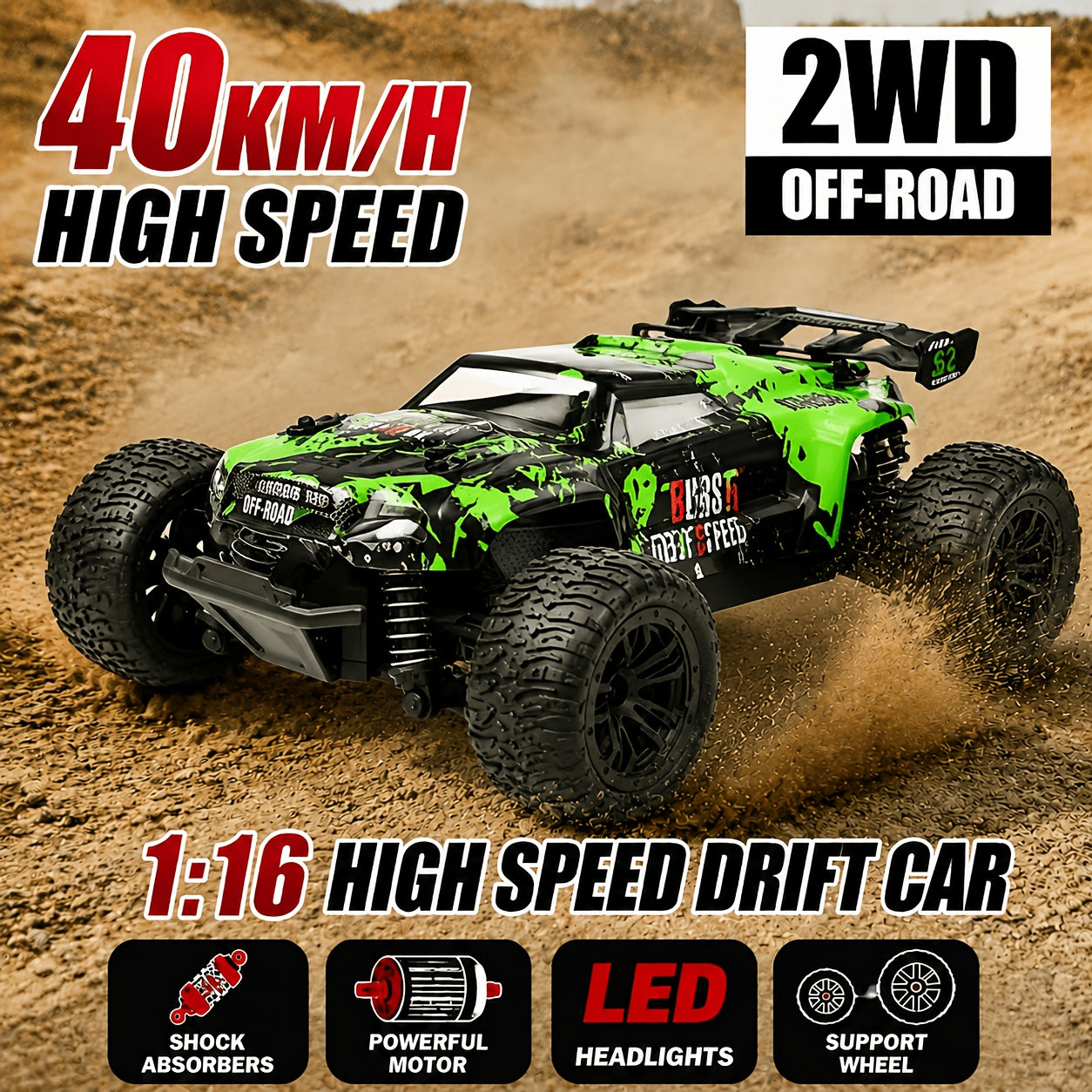 All-Terrain RC Off-Road Car 2.4GHz Durable Alloy Body Remote Control Toy Car Safe Design Rechargeable Kids Boys Ages 3+ Birthday Easter Christmas Gift