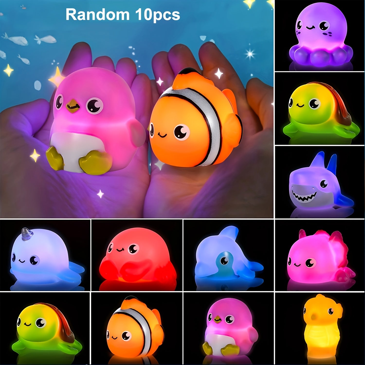 Light Up Bath Toys Sea Animals for Baby Toddlers - Glow in Water Bathtub Pool Toy Set 2 6 8 10 Pcs, Colorful Ocean Animal Water Toys, Birthday Gift for Boys Girls