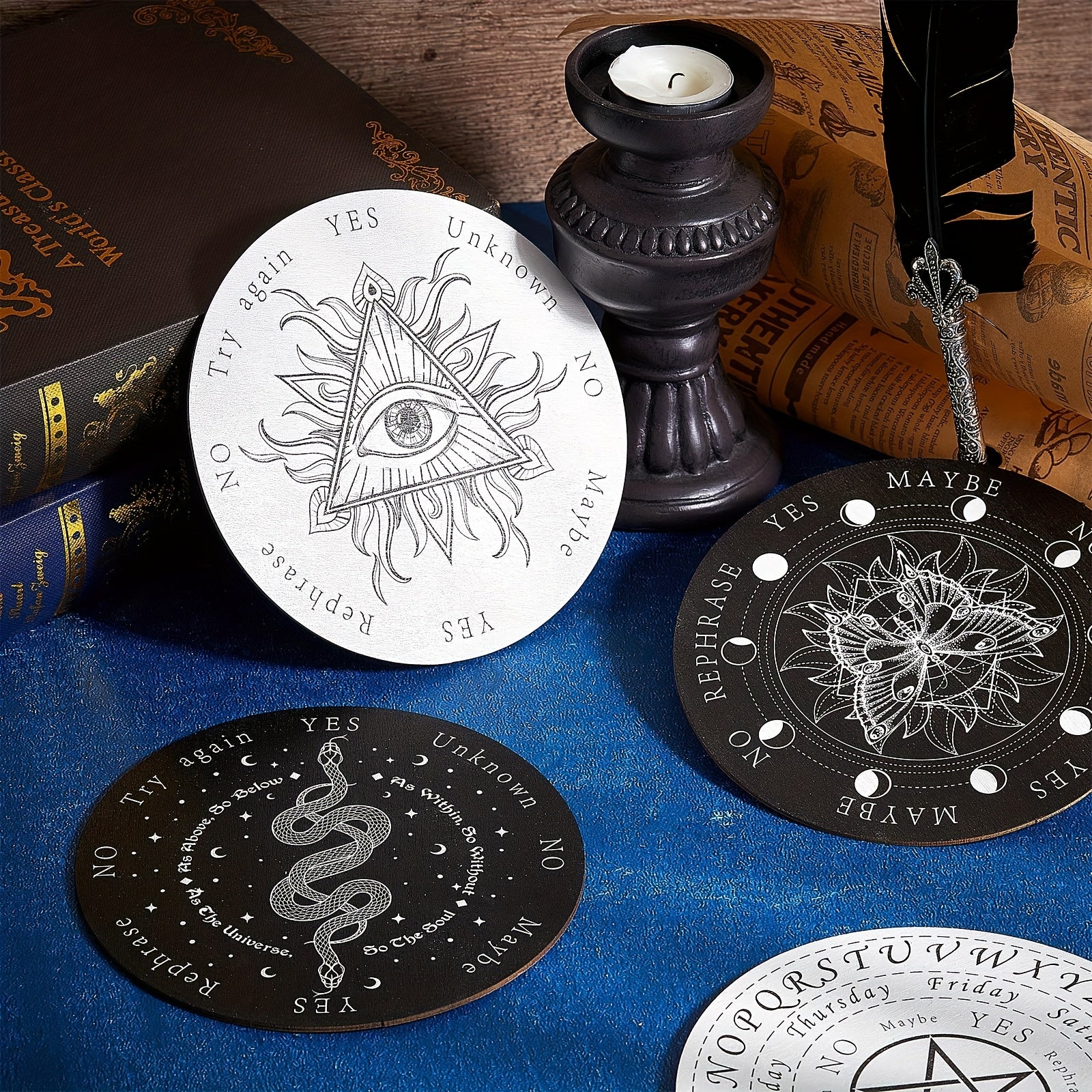 Wiccan Pendulum Divination Board Set 8 Pack 6 Inch Wooden Dowsing Board – Retro Metaphysical Witchcraft Tool for Beginners, Spiritual Gift, Halloween Birthday