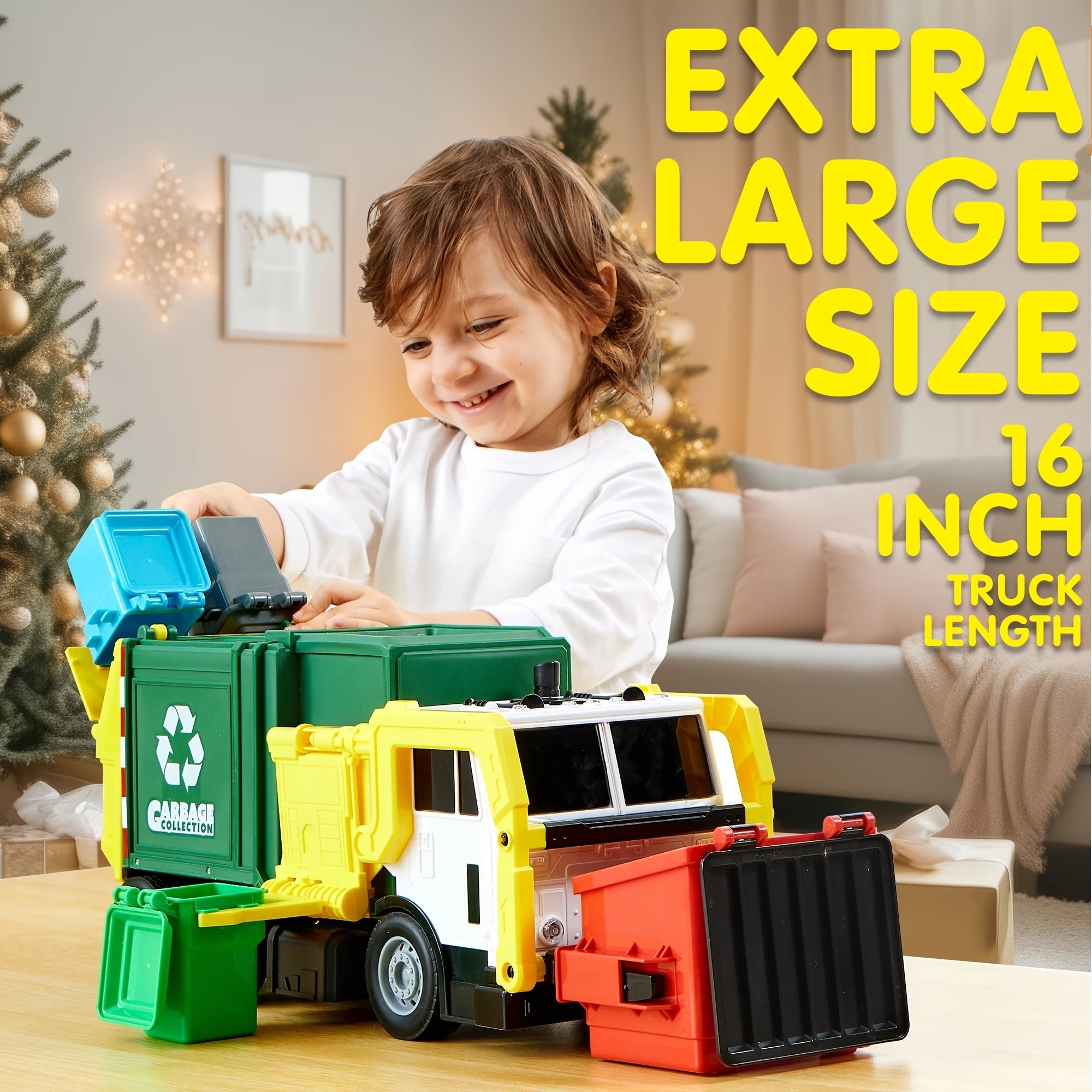 Garbage Truck Toy with Lights & Sounds – 16" Large Friction Powered Truck, Dumpster & Trash Bins, Garbage Sorting Learning Cards, Front-Load Dump Action, Birthday Gift for Kids Ages 3+