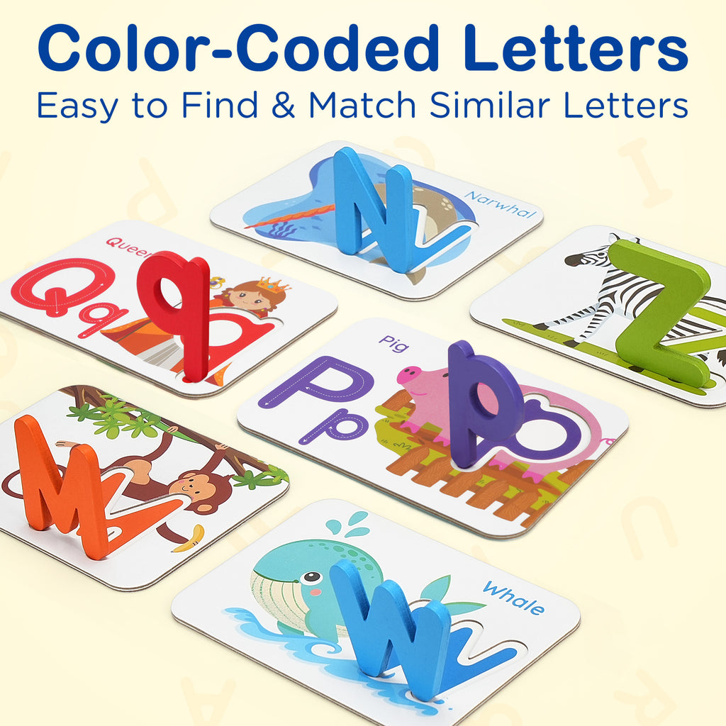 Wooden Alphabet Flash Cards & Letter Puzzle Matching Game for Kids Ages 3+ – Durable ABC Educational Toy for Letter Recognition, Spelling & Early Literacy Learning