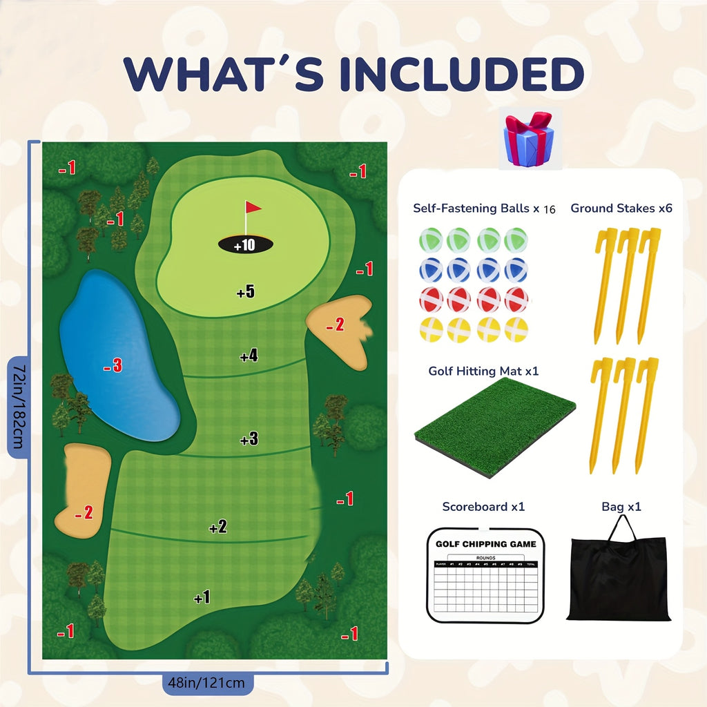 Backyard Chipping Golf Game Mat 6x5ft Indoor Outdoor Adults with 16 Adhesive Balls Stakes Scorecard Golf Gift for Men Women Golfers Fathers Day Christmas