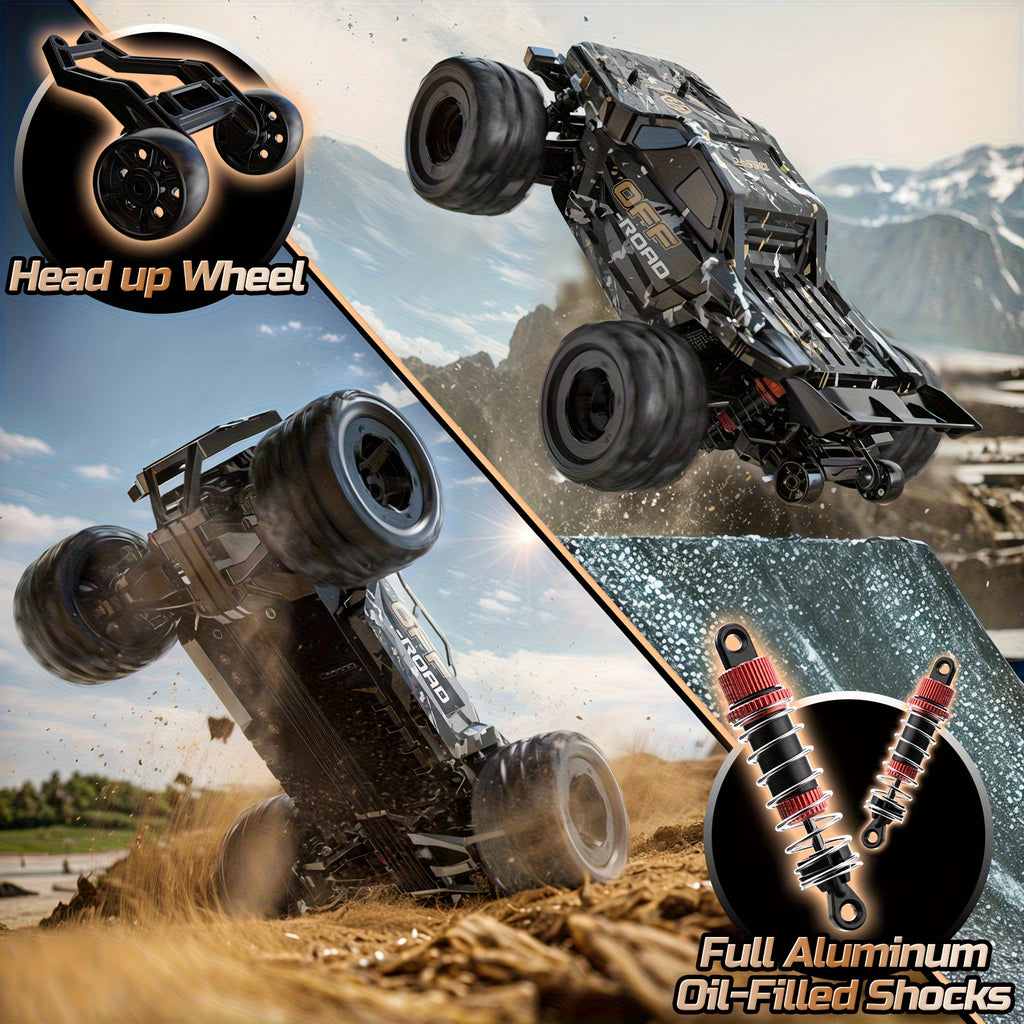 1/16 All-Metal 4WD RC Monster Truck 42KM/H High Speed Off-Road Remote Control Car with Dual Batteries LED Lights Wheelie Bar - Fast RC Truck for Adults Collectors 2.4GHz