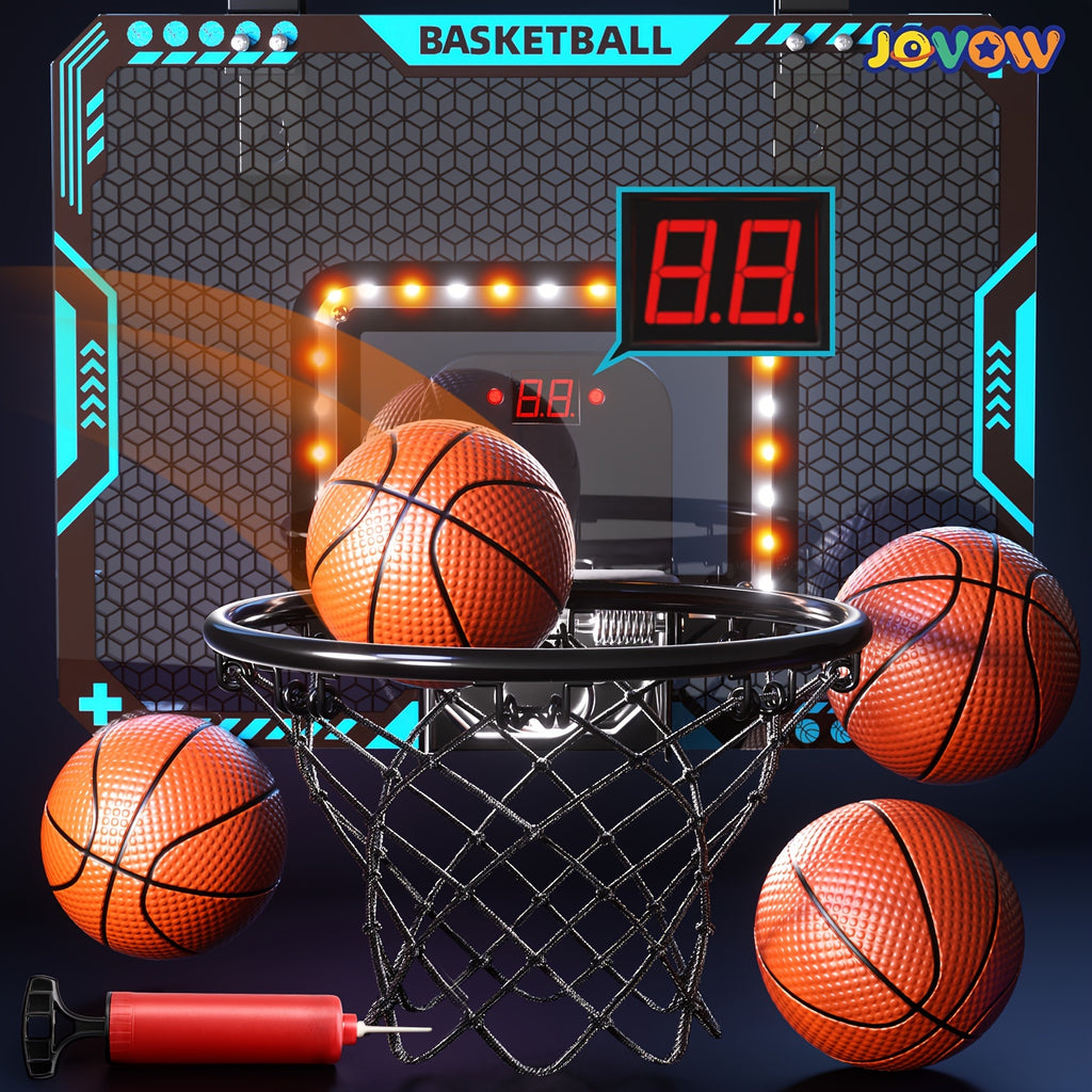 Kids Basketball Hoop Set with LED Lights Electronic Scoreboard 4 Balls Door Stand Indoor Outdoor Sports Toy for Boys Girls - Birthday Christmas Gift