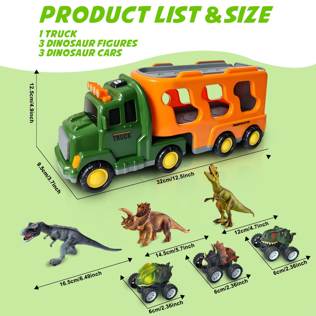 7-in-1 Dinosaur Transport Truck Toy Set with 3 Dino Figures 3 Monster Cars Lights Sounds Friction Push Go for Kids Boys Girls Ages 3 4 5 Birthday Christmas