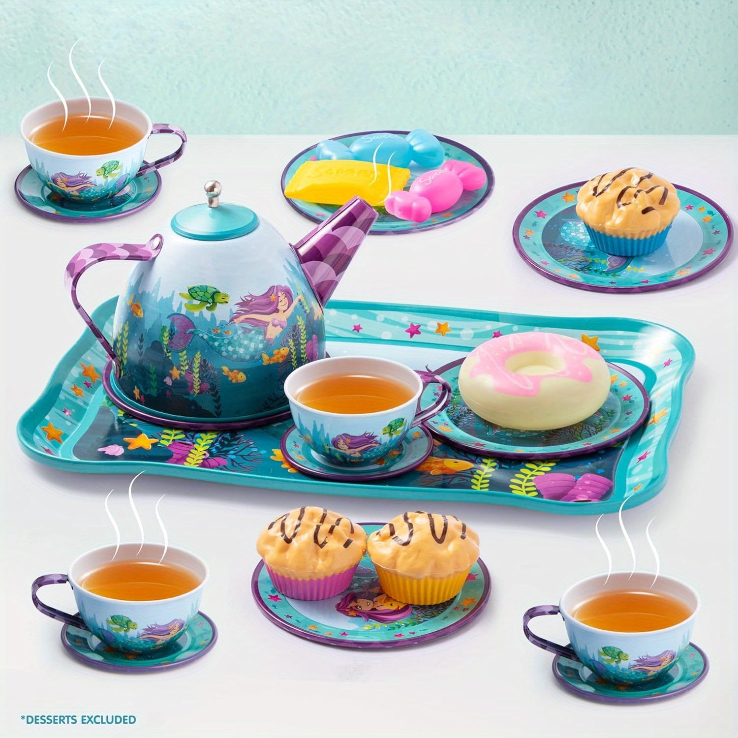 Mermaid Tea Party Set for Girls 14-Piece Tin Teapot Cups Plates Carrying Case Princess Pretend Play Kitchen Toy Kids Age 3+ Christmas Birthday Gift