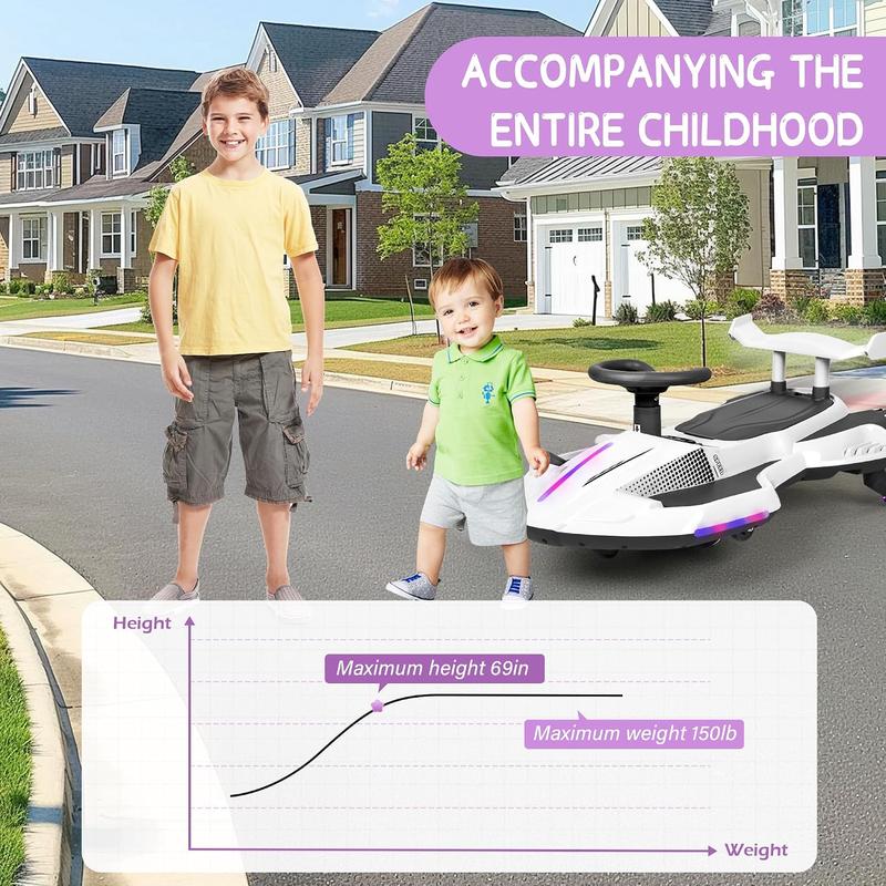 12V Electric Wiggle Car for Kids Ages 3+, Akeleo Pedal and Manual Ride-On with Spray Effect, Bluetooth Music and Light-Up PU Wheels