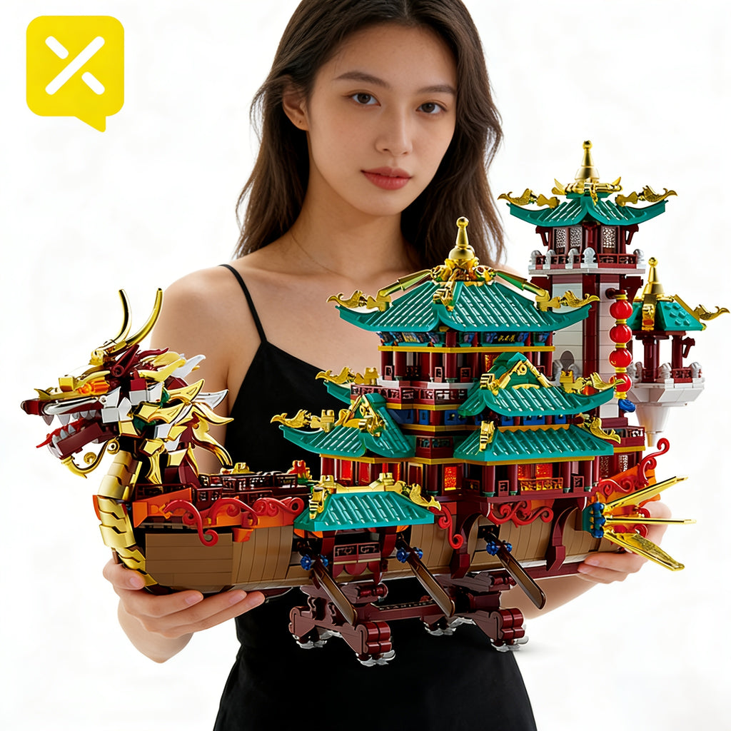 2453-Piece Dragon Boat Building Block Set Large Scale Chinese Dragon Boat Festival Model Kit - ABS Bricks Medium Difficulty, Unique Cultural Display Piece, Gift for Adults Teens Collectors