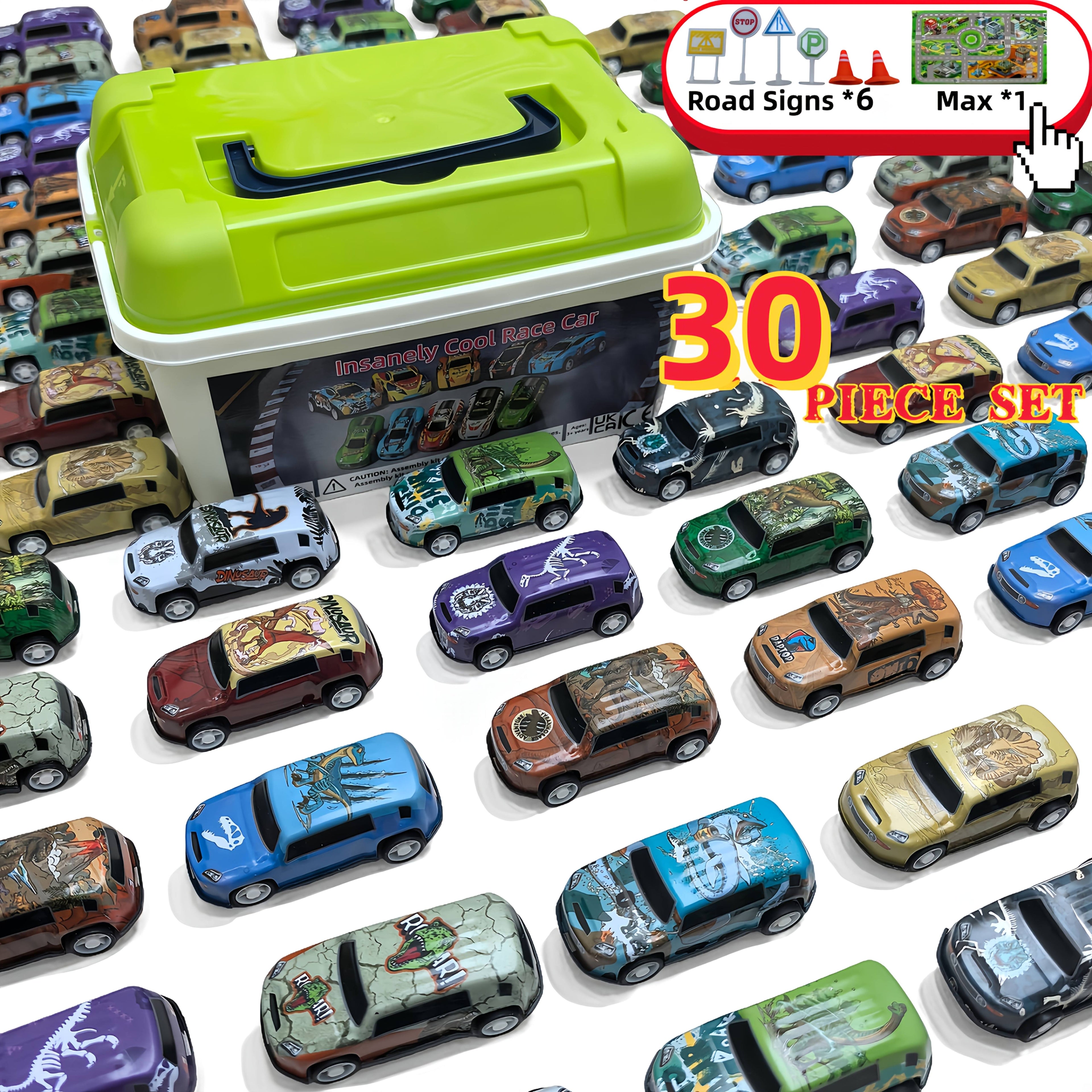 Dinosaur Toy Car Set 29-30pcs Pull Back Mini Racing Cars with City Traffic Map T-Rex Spinosaurus Figures No Battery Kids Party Favors Boys Girls Ages 3+ Gift