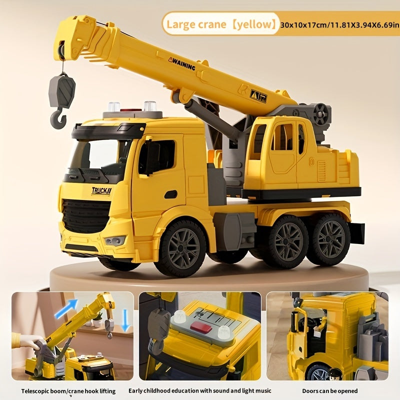 Inertia Crane Toy Engineering Vehicle with Interactive Track Telescopic Arm Double Doors No Battery Construction Truck for Kids Toddlers Ages 3+ Birthday Christmas