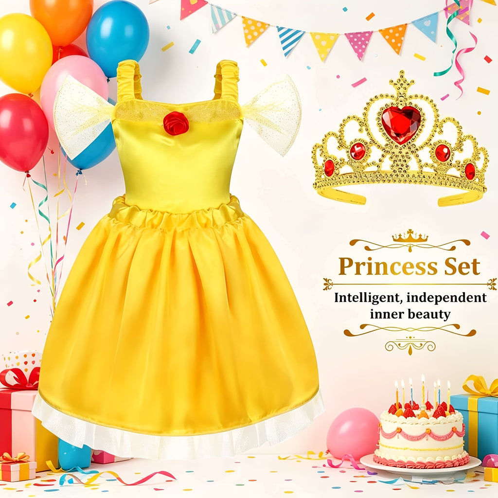 Princess Dress Up Costume Set for Girls 14-Piece, 5 Outfits with Crowns Earrings & Storage Box, Birthday Halloween Gift for Girls Ages 3-6