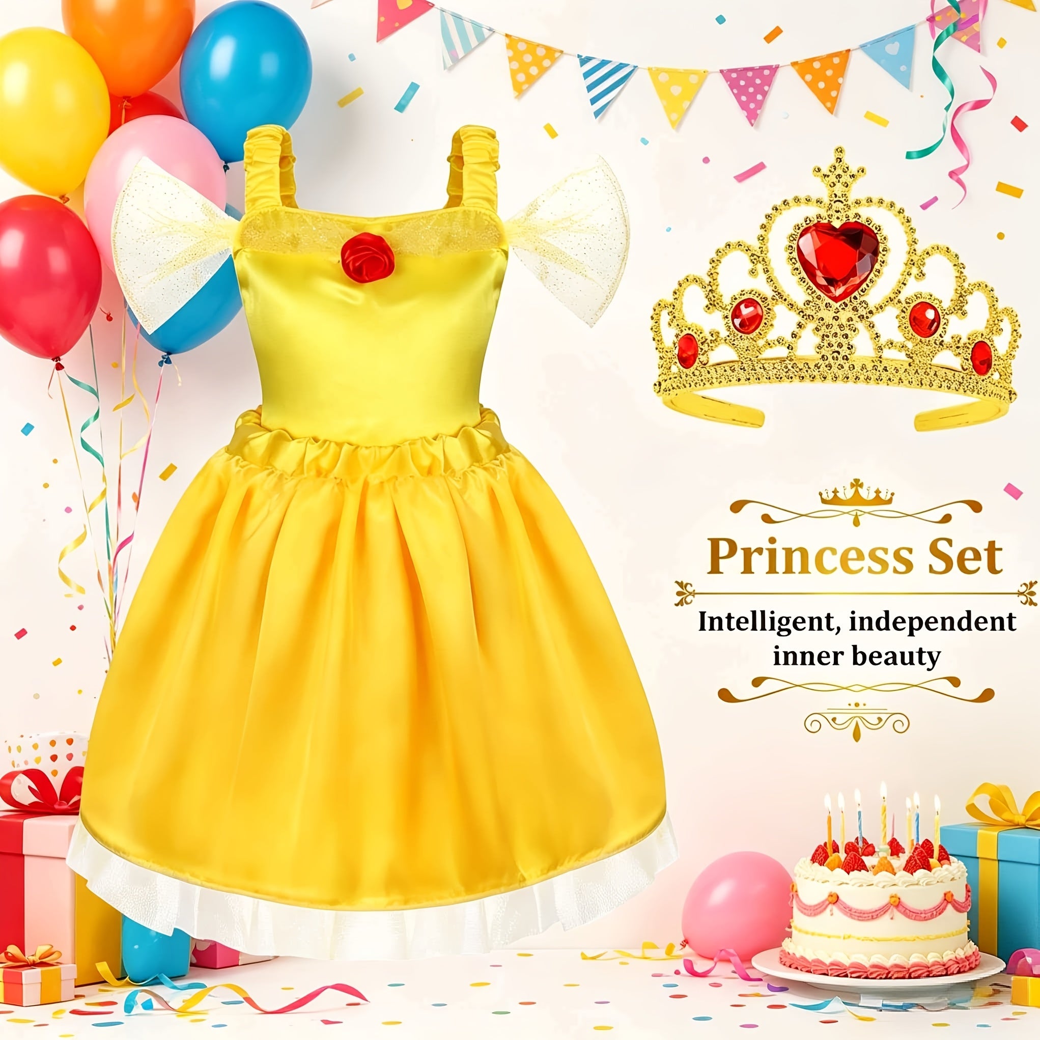 Princess Dress Up Costume Set for Girls 14-Piece, 5 Outfits with Crowns Earrings & Storage Box, Birthday Halloween Gift for Girls Ages 3-6
