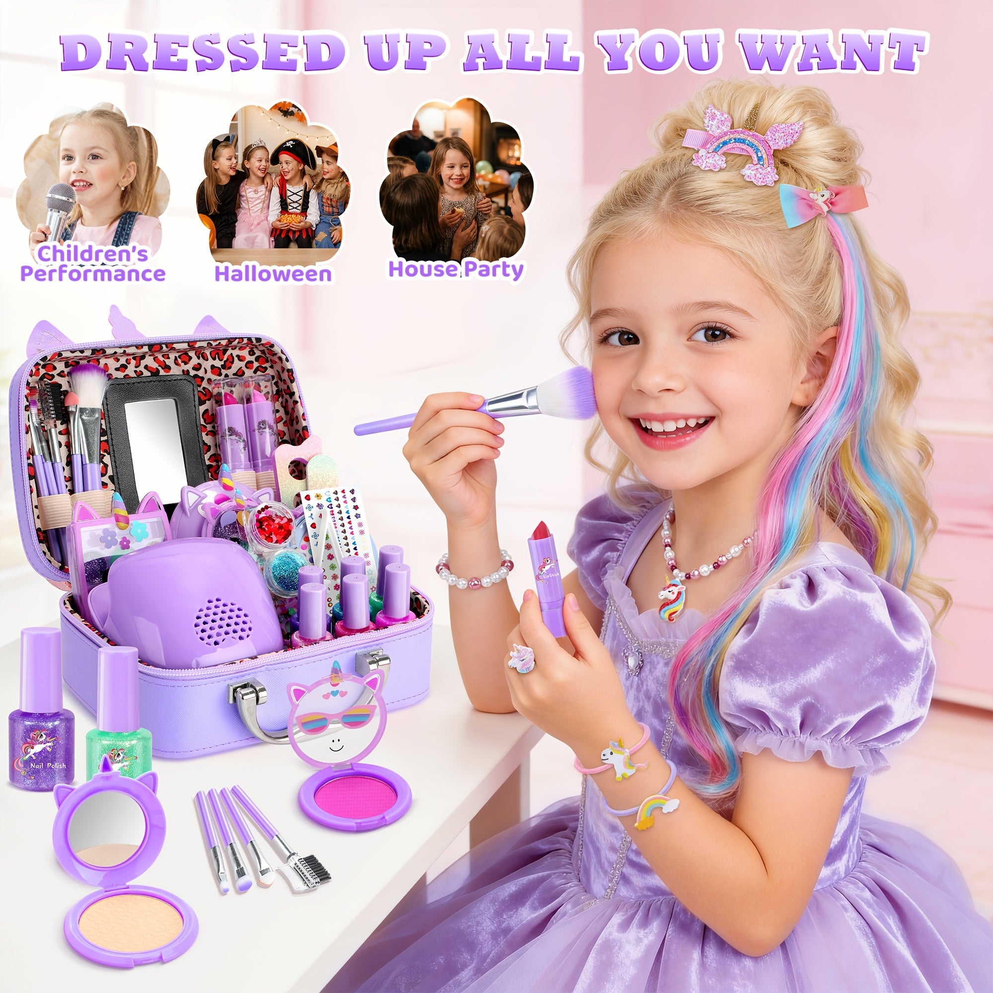 Kids Makeup Set for Girls – Non-Toxic Washable Pretend Cosmetic Kit with Nail Polish, Jewelry & Hair Accessories, Princess Dress-Up Gift Ages 3-8