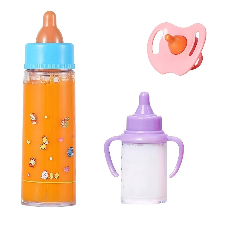 Baby Doll Feeding Set 3 Piece – Milk Bottle Juice Bottle Pacifier Doll Care Accessories for Baby Dolls Reborn Dolls Stroller Nurturing Play Kids Ages 3+ Gift White Orange