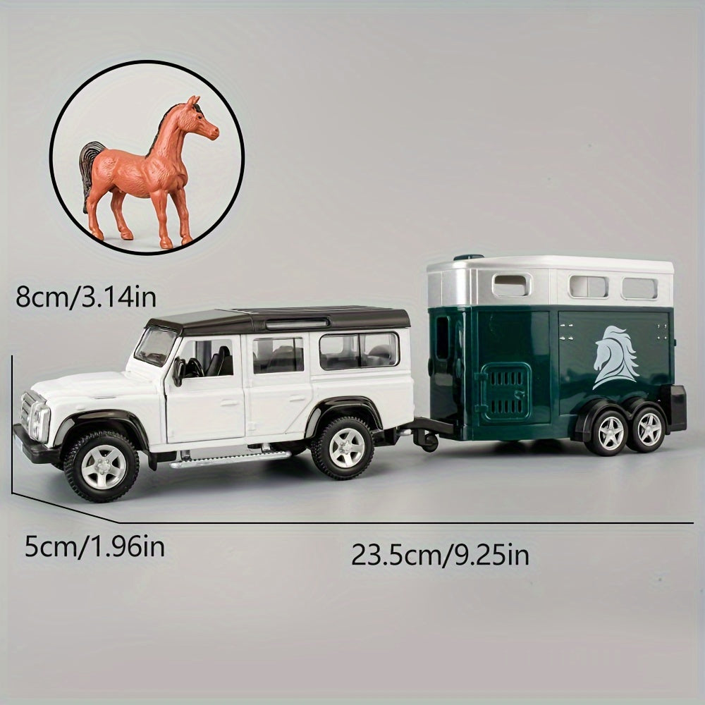 Die-Cast Pull Back Car with Horse Trailer 1:36 Scale Zinc Alloy Toy Vehicle Set, Openable Doors, Gift for Kids Boys Adults