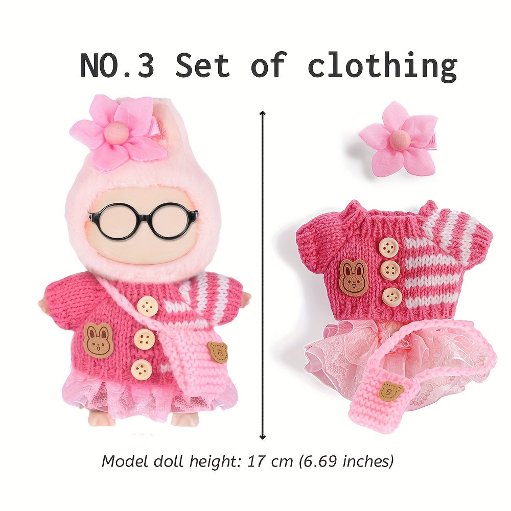 Labubu Doll Clothes 3 Sets for 17cm Plush Dolls – Knit Tops Bubble Tulle Skirts Floral Hair Clips & Bags Blue Beige Pink Complete Fashion Outfits Gift Ages 3+
