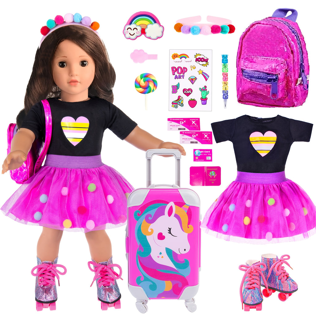18 Inch Doll Travel Set 25 Piece Unicorn Accessories – Suitcase Roller Skates Outfit Backpack Passport for 18 Inch Dolls No Doll Girls Ages 3+ Birthday Christmas Gift