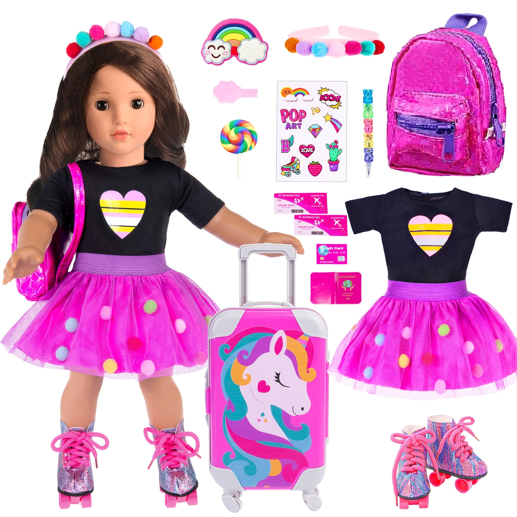 18 Inch Doll Travel Set 25 Piece Unicorn Accessories – Suitcase Roller Skates Outfit Backpack Passport for 18 Inch Dolls No Doll Girls Ages 3+ Birthday Christmas Gift