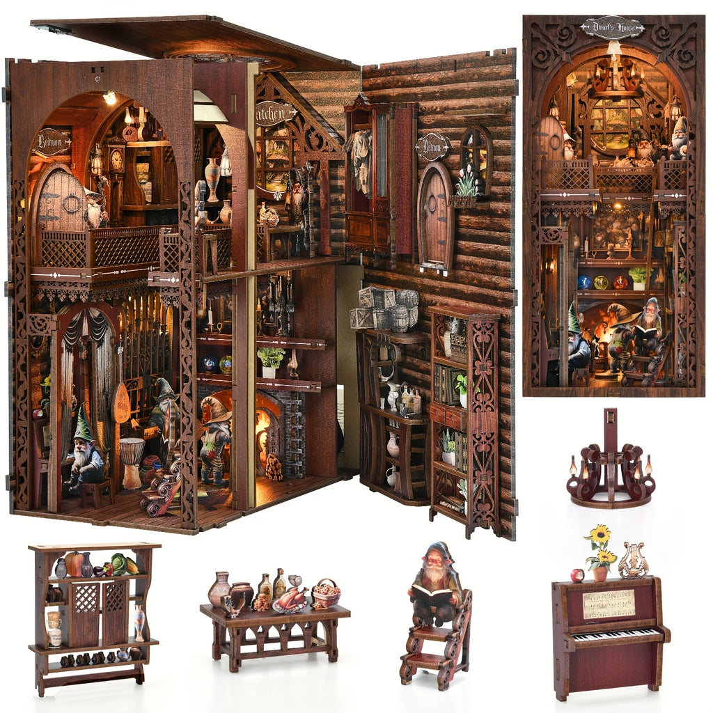 ASLOWSNAIL 3D Wooden Book Nook Kit - Dwarf House Miniature DIY Bookshelf Insert, Intricate Dark Wood Adult Puzzle & Shelf Decor, Unique Birthday 4th of July Gift for Teens Adults Ages 14+