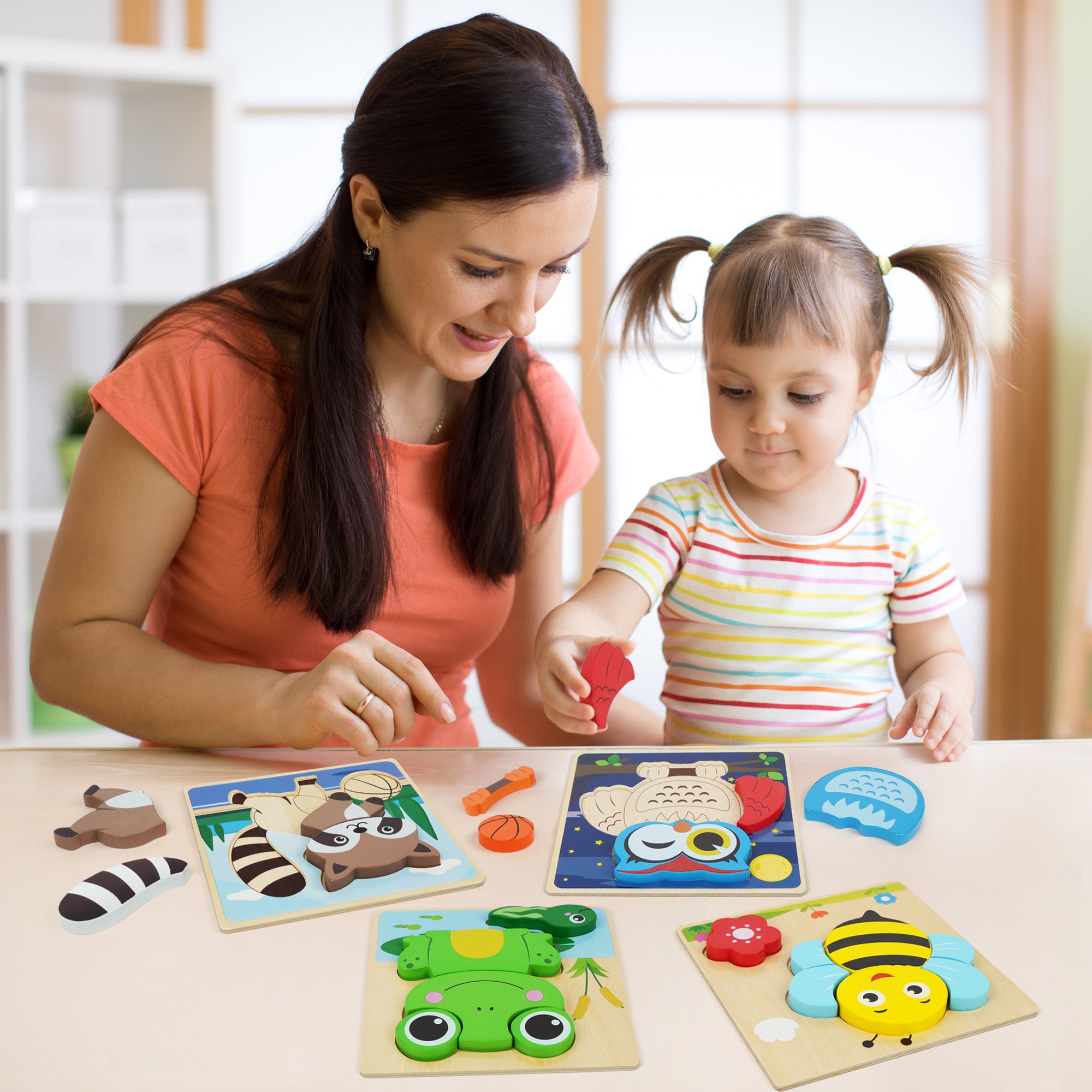 8-Pack Animal Wooden Puzzles for Toddlers Ages 1 2 3 – Colors & Shapes Cognition Learning Toy, Preschool Educational Gift for Baby Kids Christmas Birthday