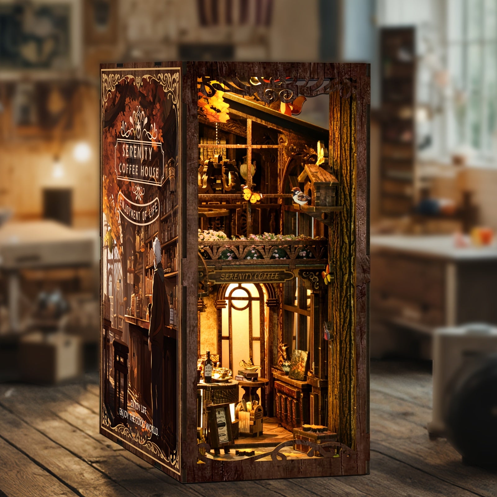DIY Miniature Book Nook Kit with LED Light Coffee House 3D Wooden Bookshelf Insert Puzzle Dustproof Craft Kit Gift for Adults Teens Craft Lovers