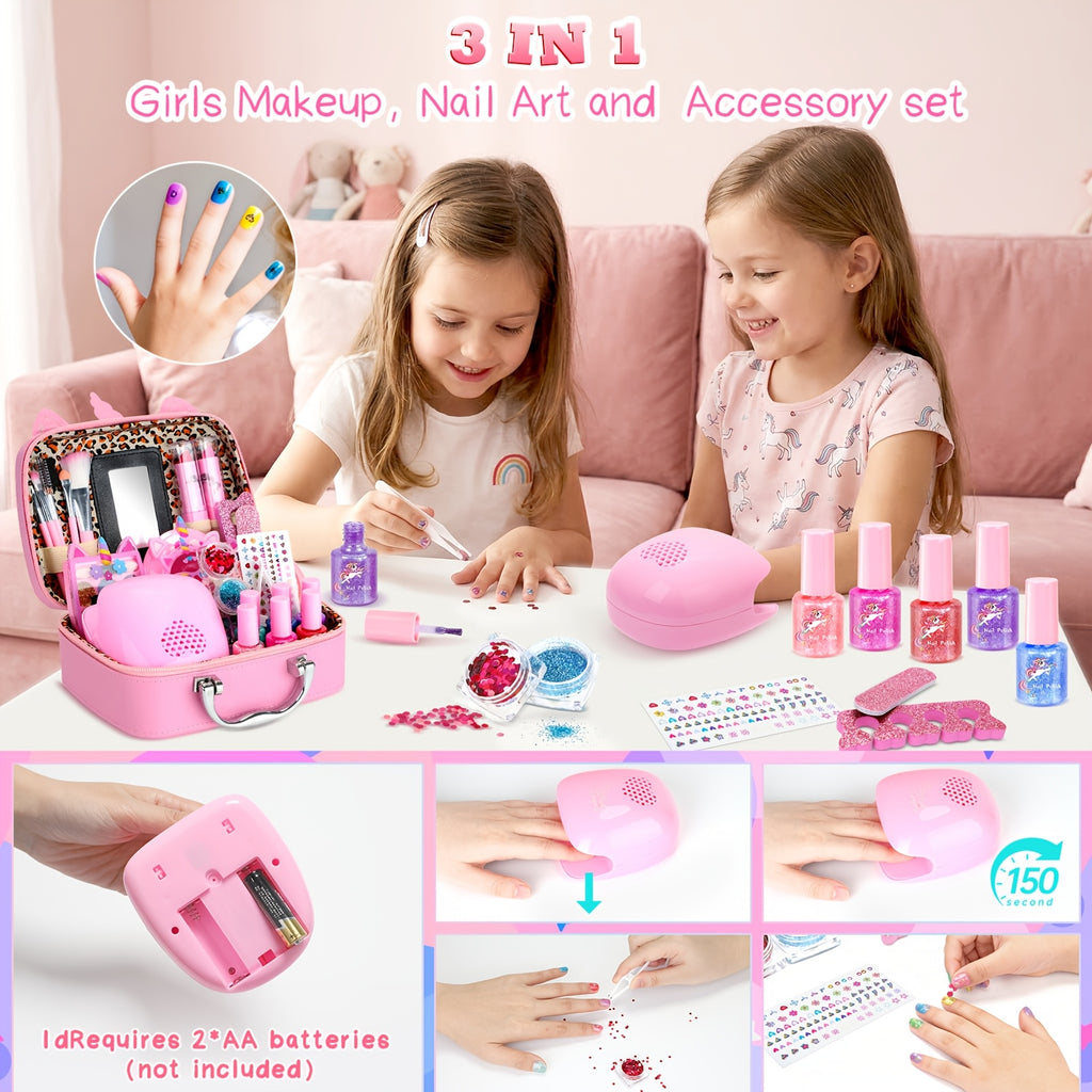 Kids Makeup Set for Girls – Non-Toxic Washable Pretend Cosmetic Kit with Nail Polish, Jewelry & Hair Accessories, Princess Dress-Up Gift Ages 3-8