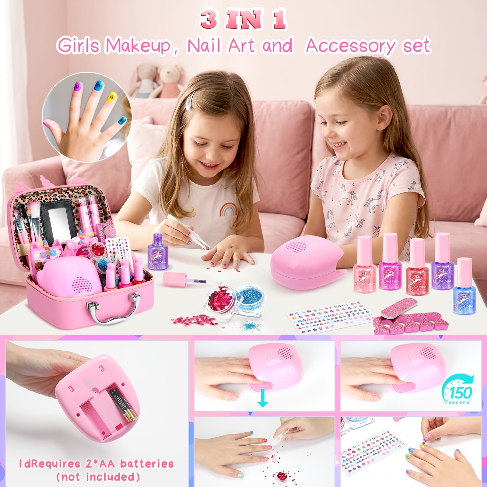 Kids Makeup Set for Girls – Non-Toxic Washable Pretend Cosmetic Kit with Nail Polish, Jewelry & Hair Accessories, Princess Dress-Up Gift Ages 3-8
