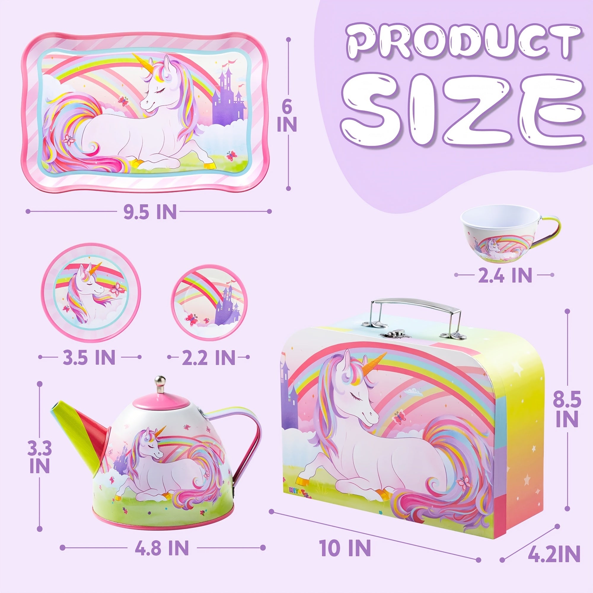 Unicorn Tea Party Set for Girls 15 Pcs Pretend Play Pink Tin Teapot Set with Carrying Case Toddler Tea Set Birthday Christmas Gift Ages 3 and Up