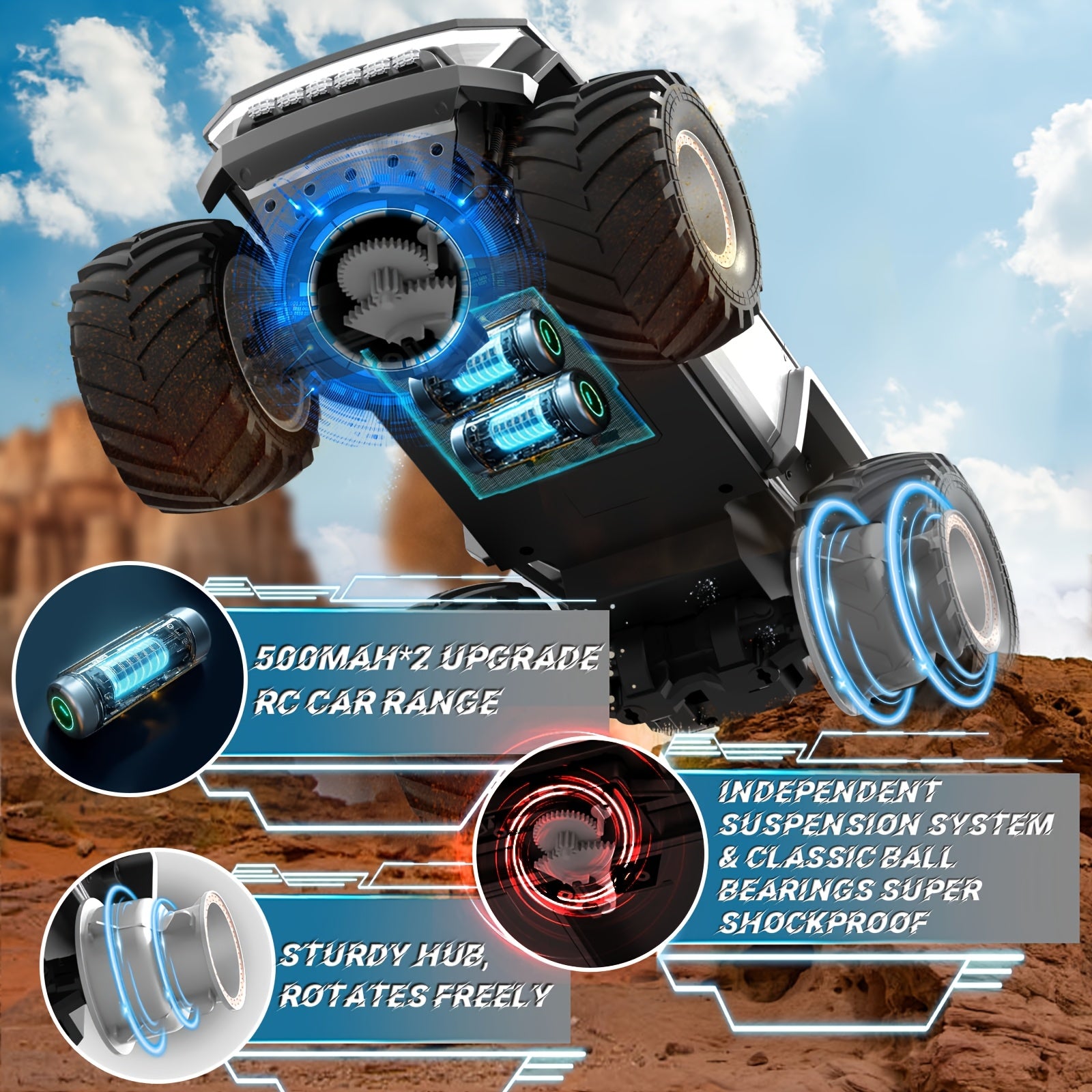 1:12 RC Monster Truck 4WD All-Terrain 2.4GHz Remote Control Car LED Lights Sound Music Ergonomic Grip Cybertruck Pickup Style Off-Road Kids Boys Birthday Christmas Gift