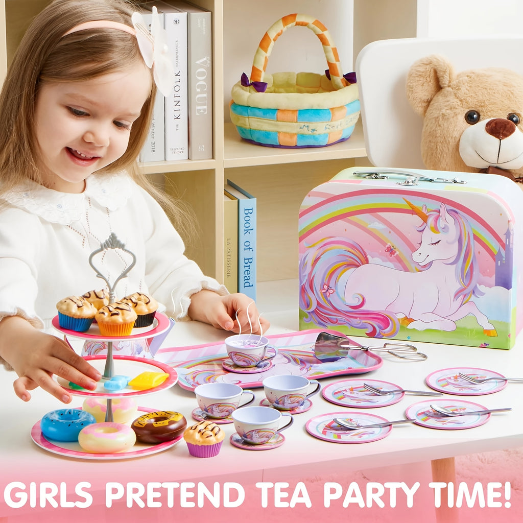 Unicorn Tea Party Set for Girls 35 Piece Tin Teapot Cups Plates Desserts Cake Stand Carrying Case Princess Pretend Play Kitchen Toy Kids Age 3+ Birthday Easter Christmas Gift