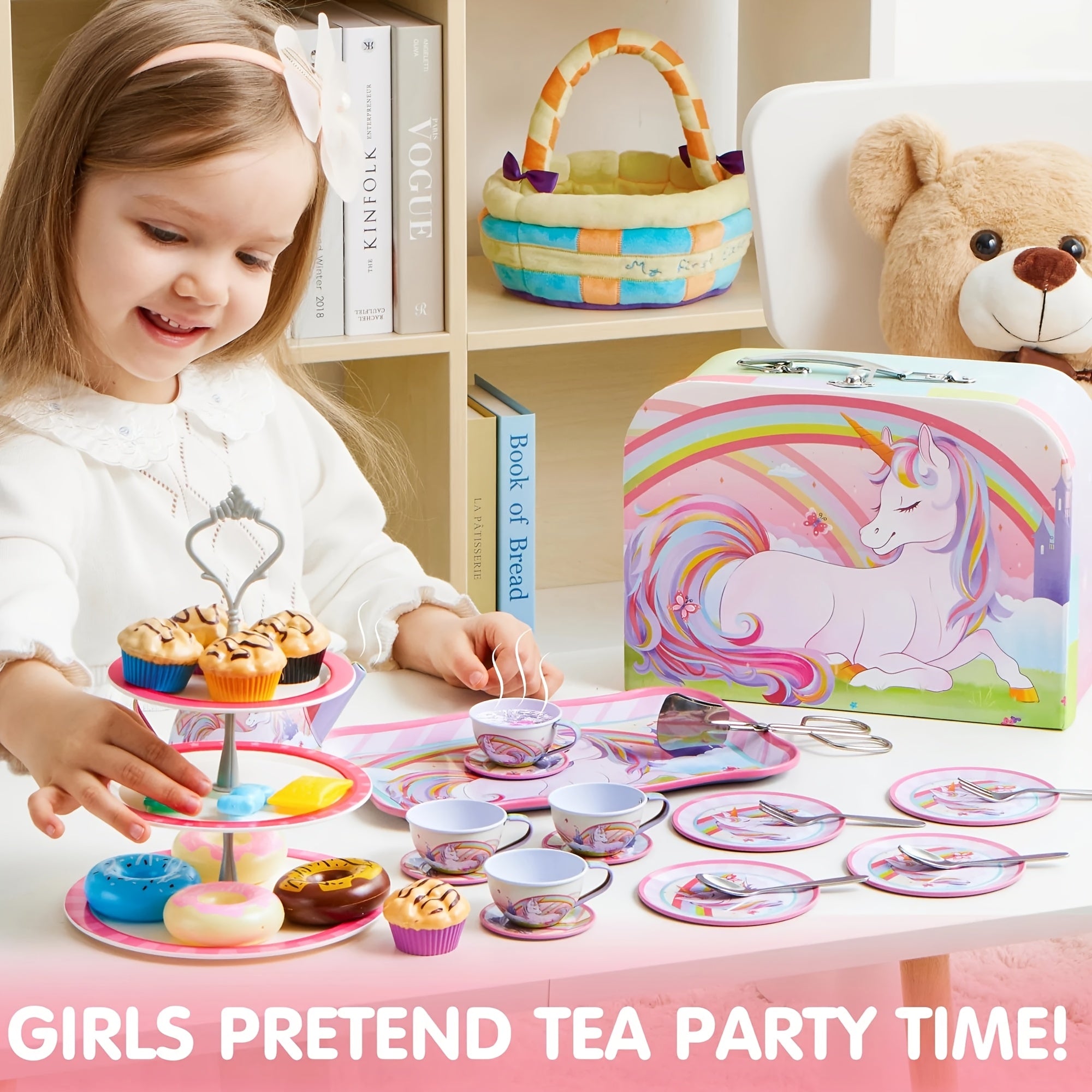 Unicorn Tea Party Set for Girls 35 Piece Tin Teapot Cups Plates Desserts Cake Stand Carrying Case Princess Pretend Play Kitchen Toy Kids Age 3+ Birthday Easter Christmas Gift
