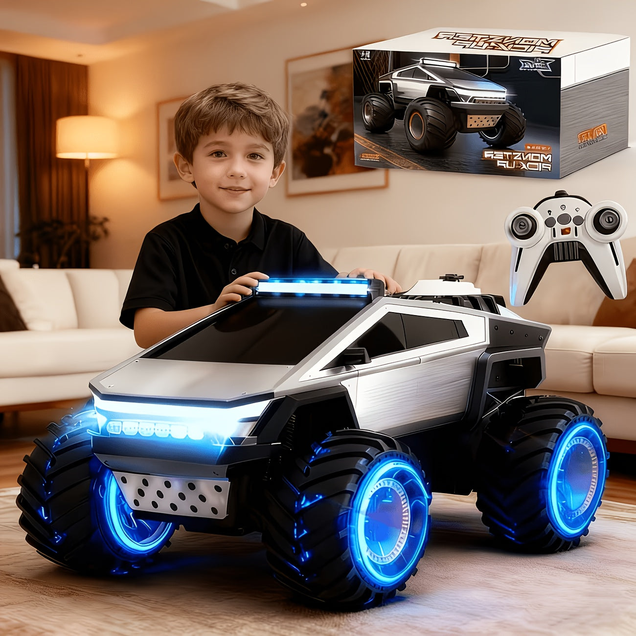 1:12 RC Monster Truck 4WD All-Terrain 2.4GHz Remote Control Car LED Lights Sound Music Ergonomic Grip Cybertruck Pickup Style Off-Road Kids Boys Birthday Christmas Gift