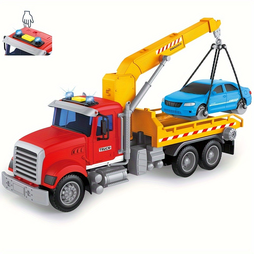 13-Inch Tow Truck Toy for Kids with Lights & Sounds – Friction Powered Transport Crane Truck with Movable Arm & Roadster, Birthday Gift for Boys Ages 3 4 5 6