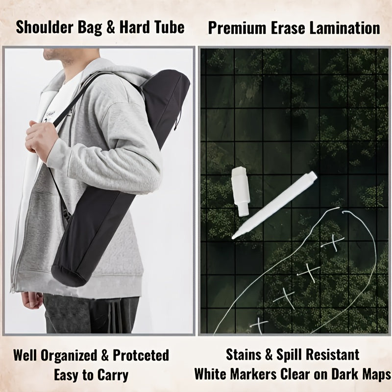 DnD Battle Map 3-Pack 24x36" Dry Erase Mats – 6 Double-Sided Terrain Grids with Lay-Flat Clips, Shoulder Bag & Dice Accessories for D&D 5e Pathfinder TRPG