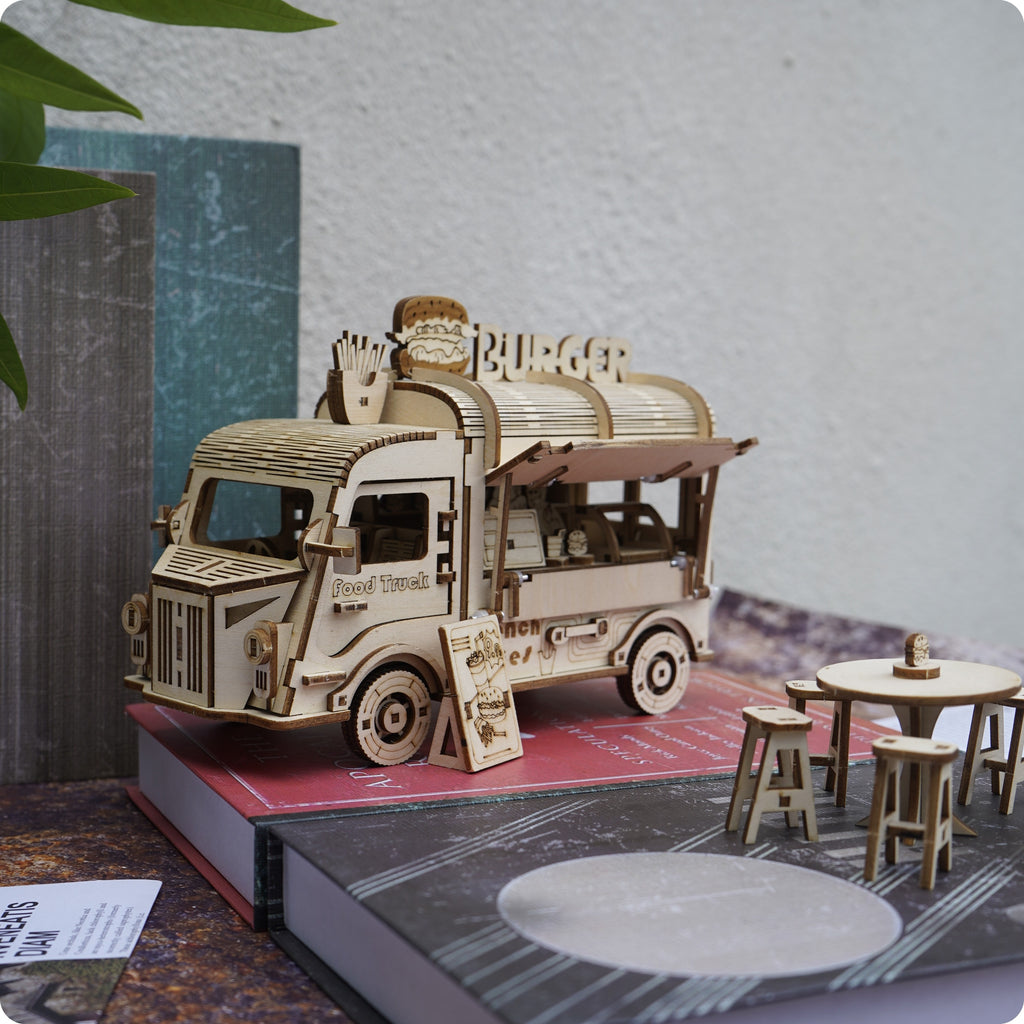 3D Wooden Puzzle Fast Food Truck Model Kit Basswood DIY Assembly Building Toy, Creative Wood Craft Gift for Adults Teens Kids, Christmas Halloween Birthday Present