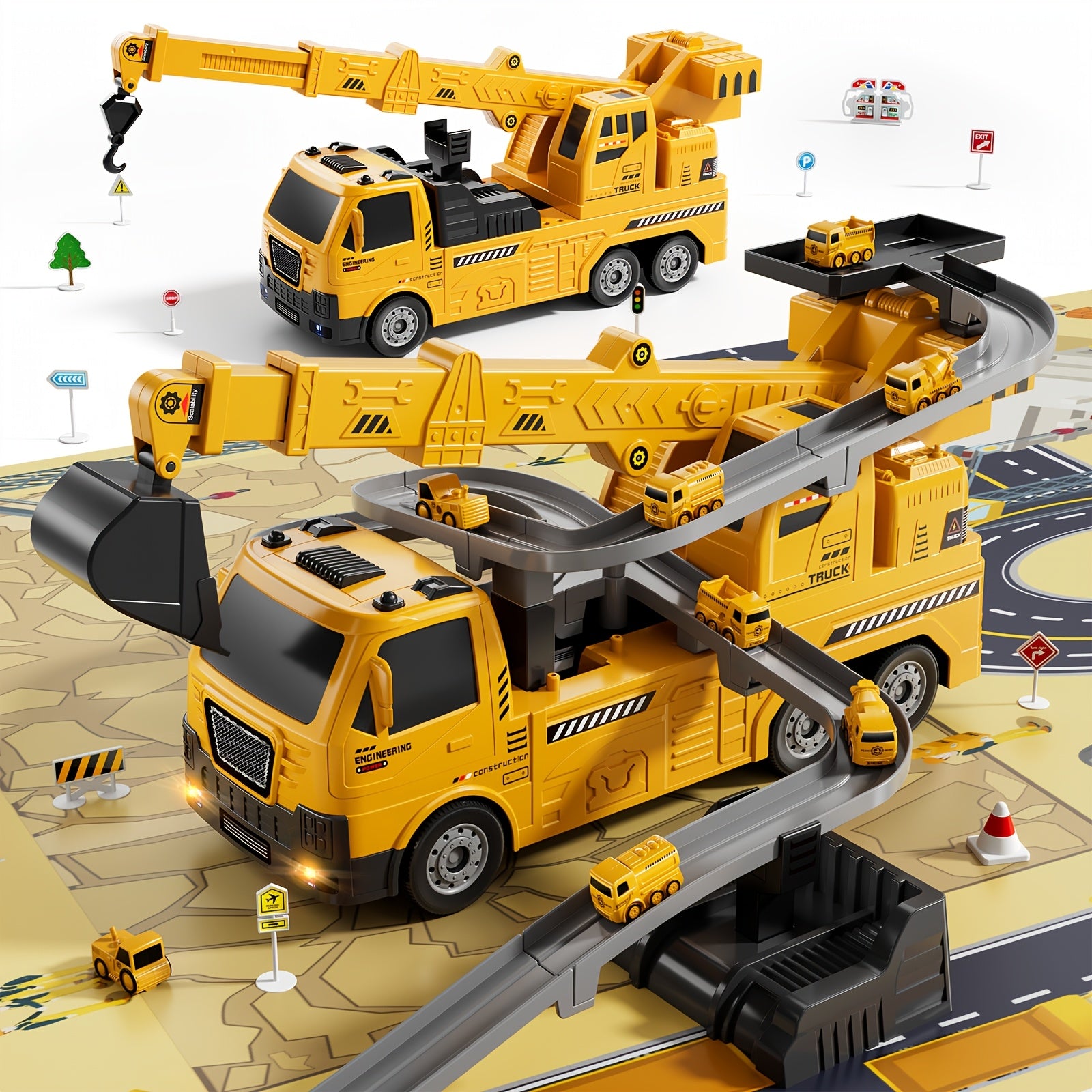 3-in-1 Construction Vehicle Toy Set Crane Excavator Racing Track with 8 Cars Lights Sounds STEM Playset for Kids Boys Girls Toddlers Ages 3+ Birthday Christmas Gift
