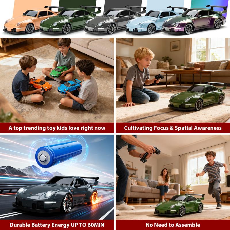 4WD RC Drift Car with Dual Rechargeable Batteries, 1:24 Scale 2.4GHz Remote Control Racer with LED Lights and Swap Tires for Kids Ages 5+