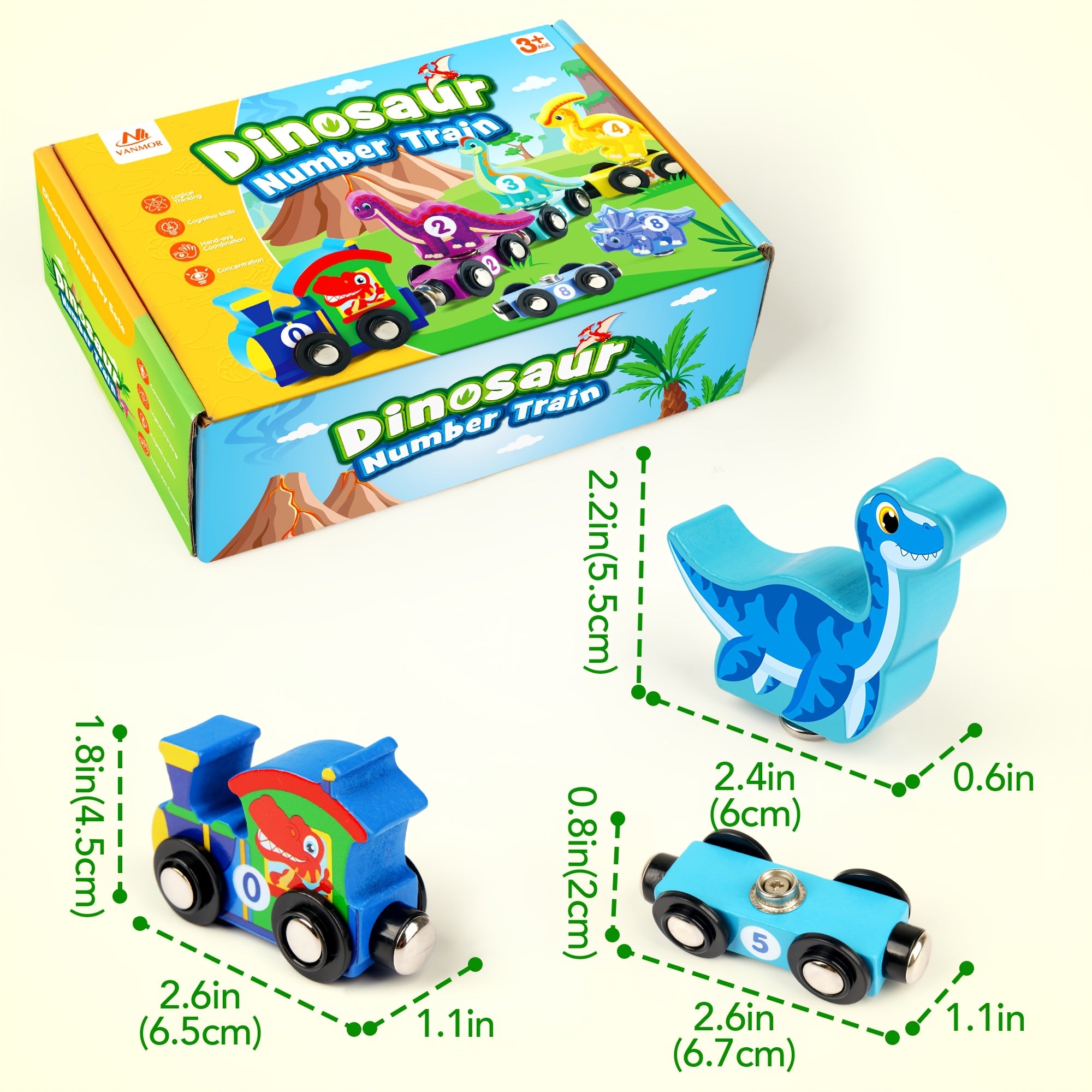Dinosaur Magnetic Wooden Train Set 11pcs Number Learning - Educational STEM Toy for Toddlers Ages 3-5, Birthday Christmas Gift for Boys & Girls