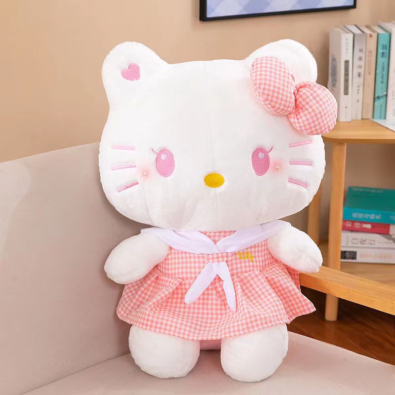 Hello Kitty Dress-Up Plush Stuffed Toy 13.78 Inch – Oversized Sanrio KT Cat Soft Doll, Home Decor Plushie, Birthday Gift for Girls, Pink Plaid & Blue Plaid