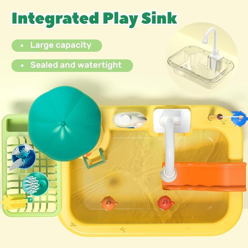 Play Kitchen Sink with Running Water, CUTE STONE 1.7L Kids Pretend Wash Station with Fishing Game, Toy Food, Dishes and Drain Rack