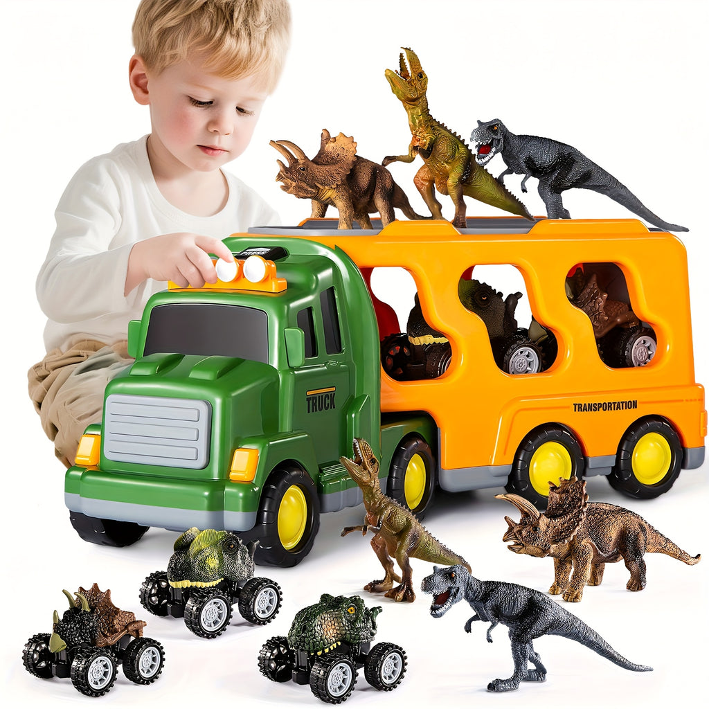 7-in-1 Dinosaur Transport Truck Toy Set with 3 Dino Figures 3 Monster Cars Lights Sounds Friction Push Go for Kids Boys Girls Ages 3 4 5 Birthday Christmas