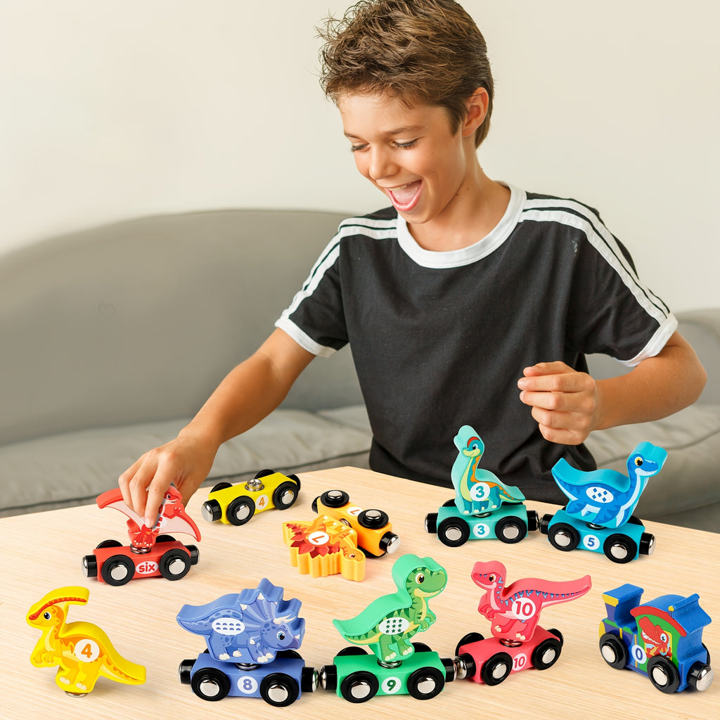 Dinosaur Magnetic Wooden Train Set 11pcs Number Learning - Educational STEM Toy for Toddlers Ages 3-5, Birthday Christmas Gift for Boys & Girls