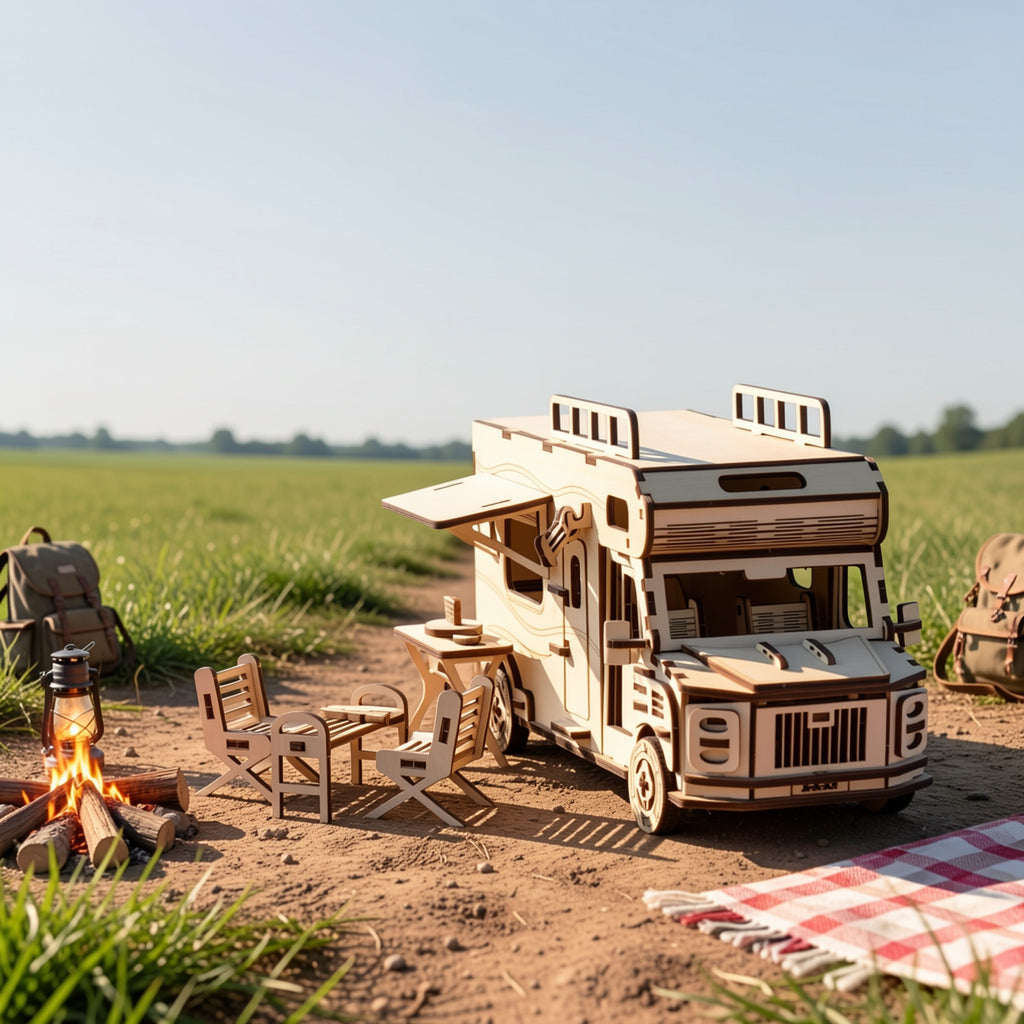 3D Wooden Puzzle RV Camping Car Model Kit, Travel Camper Van Assembly Building Block Toy, Creative DIY Wood Craft Gift for Friends Family Adults & Kids