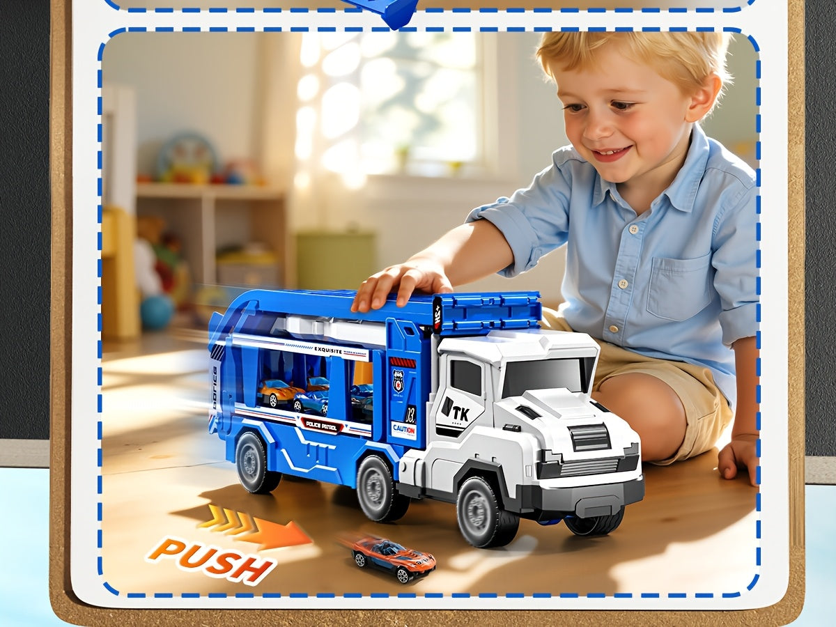 3-in-1 Kids Carrier Truck Toy with Car Tracks, 12 Racing Cars, Foldable Race Track & Garage – Toddler Birthday Gift for Boys Girls Ages 3+, Blue