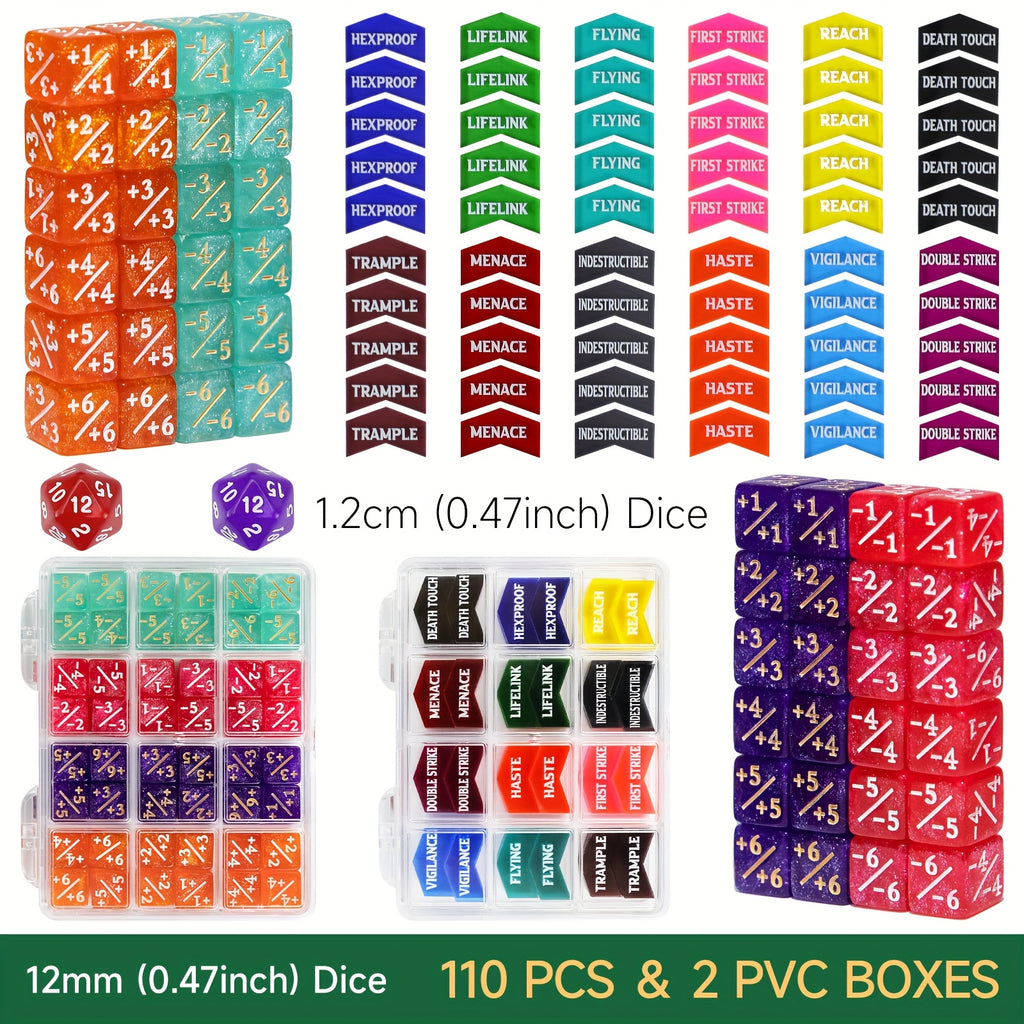 110pcs MTG Counter Dice Set Plus 1 Minus 1 Tokens D20 Keyword Counters 12mm 6-Sided Dice for Magic the Gathering TCG Card Game Accessories Gift
