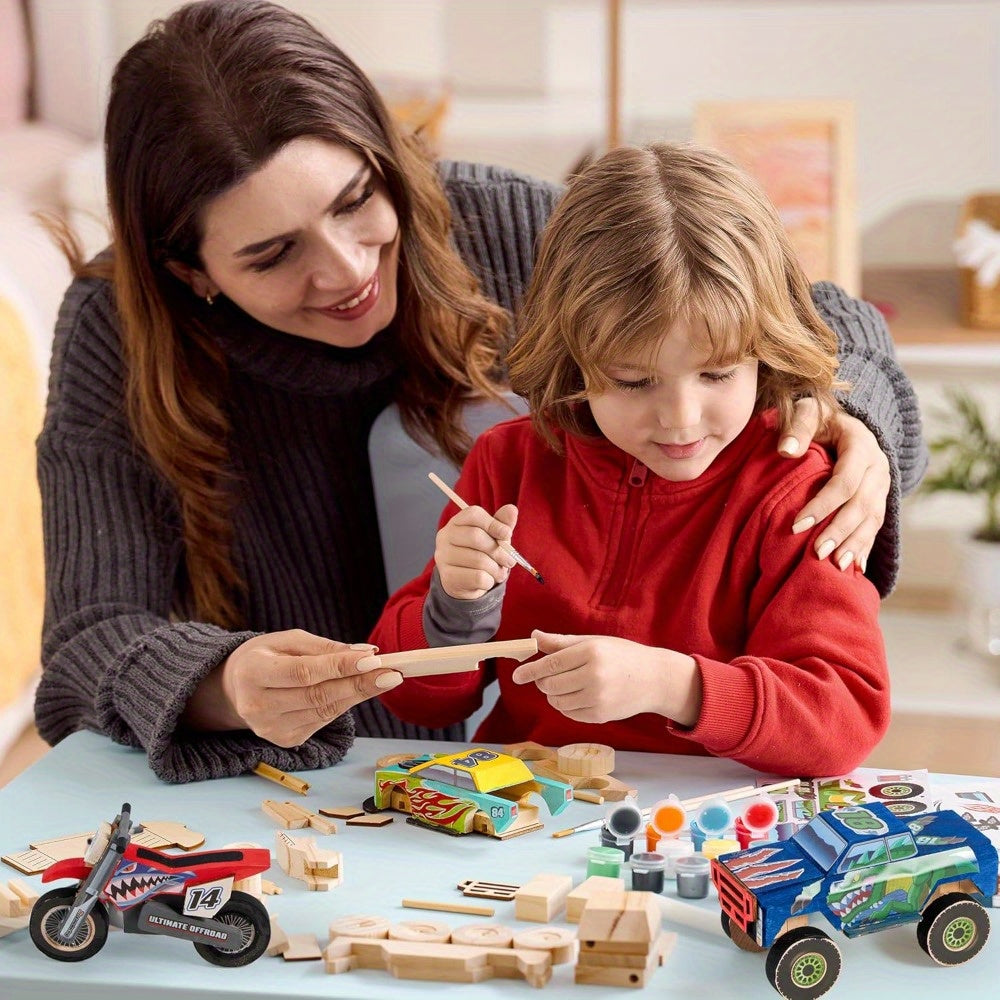 Build & Paint Your Own Wooden Race Car Craft Kit 144 Pieces with Race Car Motorcycle Monster Truck 12 Paint Colors Decals STEM Toy Gift for Kids Boys