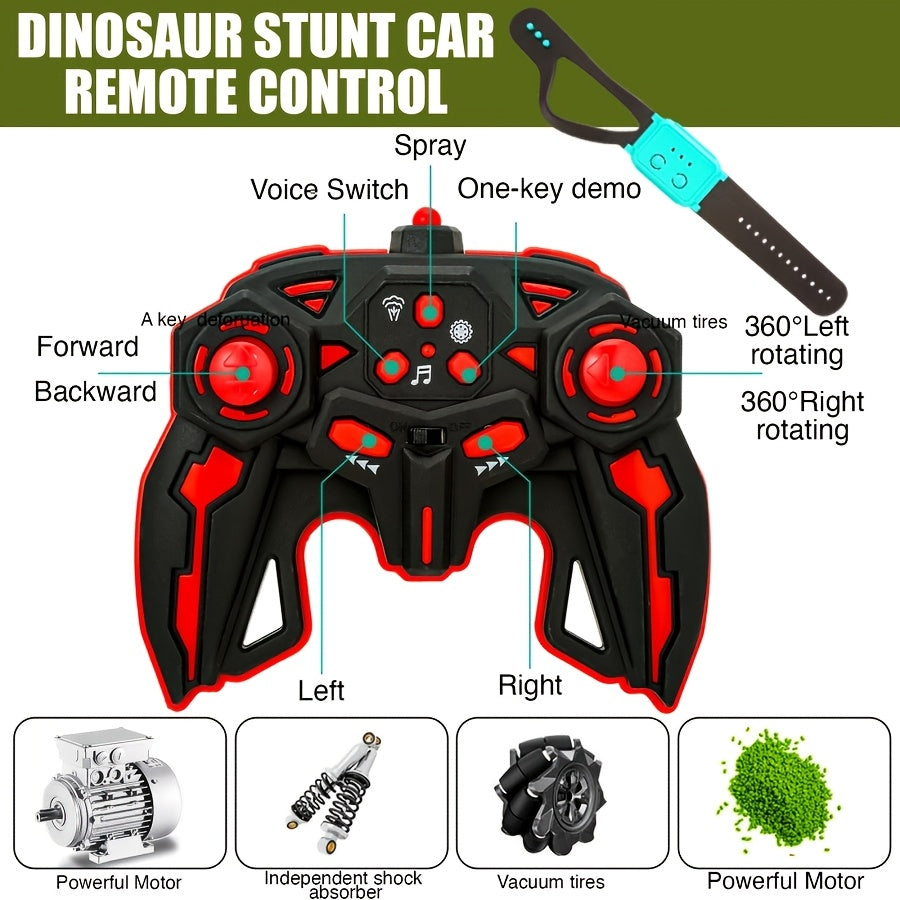 Dinosaur RC Stunt Car with Lights Sounds & Spray - Monster Truck Remote Control Toy for Boys Girls Kids All-Terrain Indoor Outdoor Fun Birthday Easter Gift
