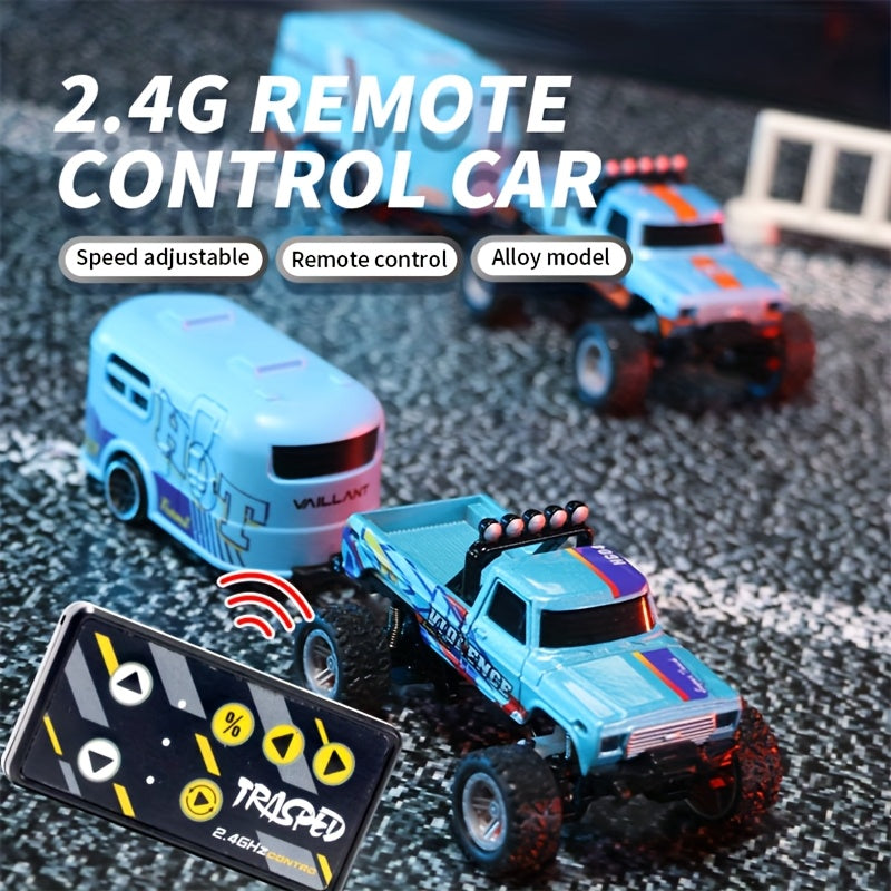 1:64 Mini RC Alloy Monster Truck with Trailer - 2.4GHz Off-Road Pickup Rock Crawler, Body Lights & Headlights, Tabletop Decor, Birthday Christmas Gift for Boys